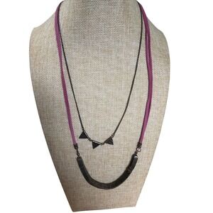 Boho Layered Necklace Purple Suede Bronze Geometric Triangle Charms